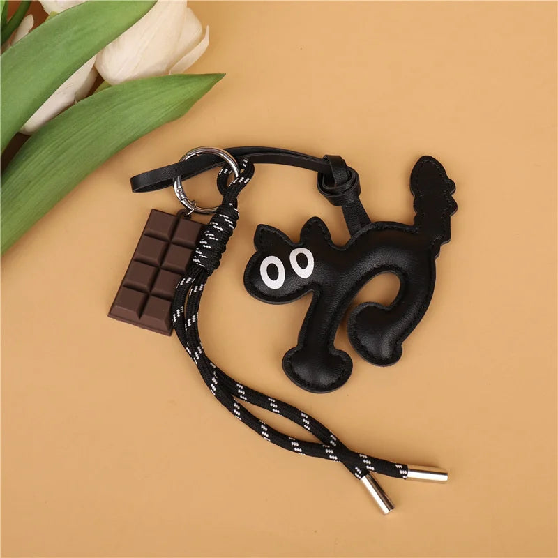 Classic Cute Leather Chocolate Cat Keychain Pendant