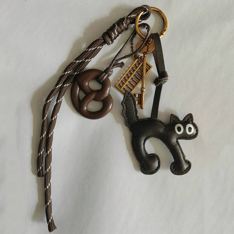 Classic Cute Leather Chocolate Cat Keychain Pendant