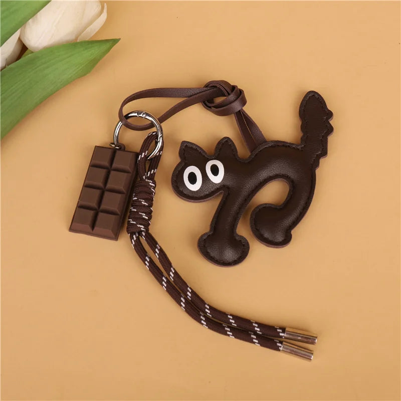 Classic Cute Leather Chocolate Cat Keychain Pendant