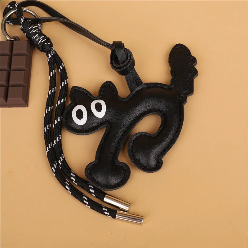 Classic Cute Leather Chocolate Cat Keychain Pendant