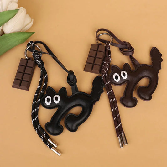 Classic Cute Leather Chocolate Cat Keychain Pendant